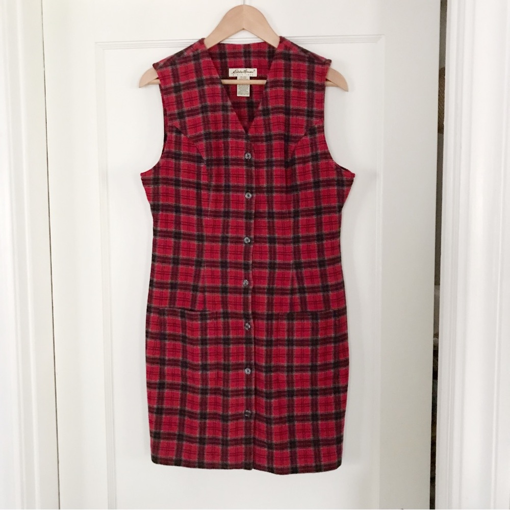 Vintage Eddie Bauer Plaid Tartan Wool Jumper Dress with Pockets and Lining